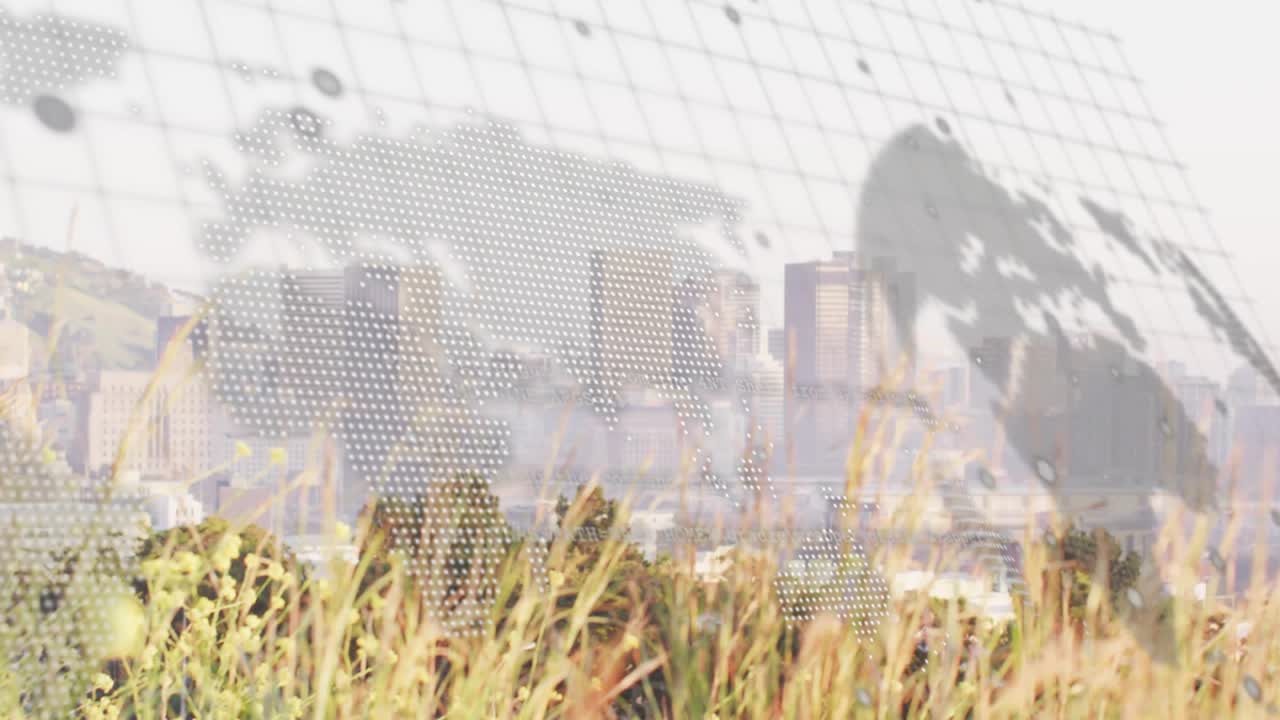 Dotted map shifting and code scrolling causing front grasses revealing skyline for data visuals