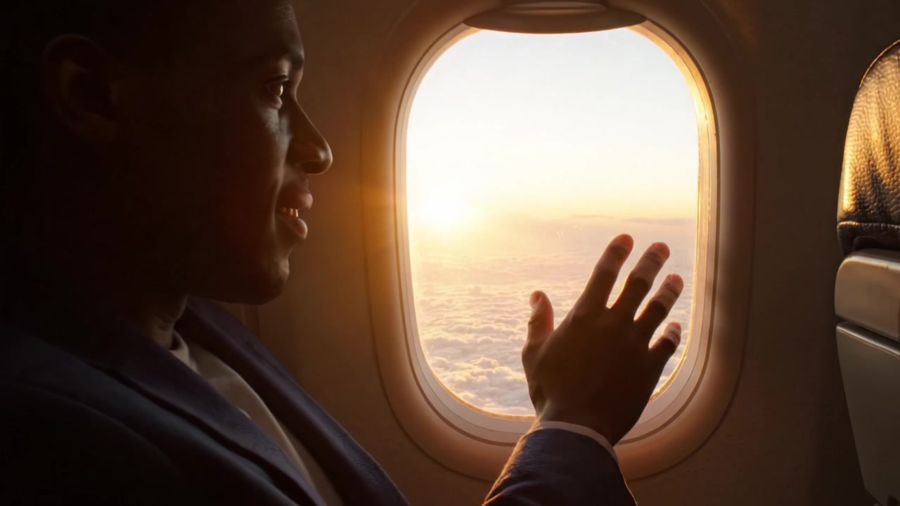 A Serene Journey: A Passenger Gazes at the Sun Rising Above the Clouds, Capturing the Beauty of Air Travel and the Tranquility of the Moment