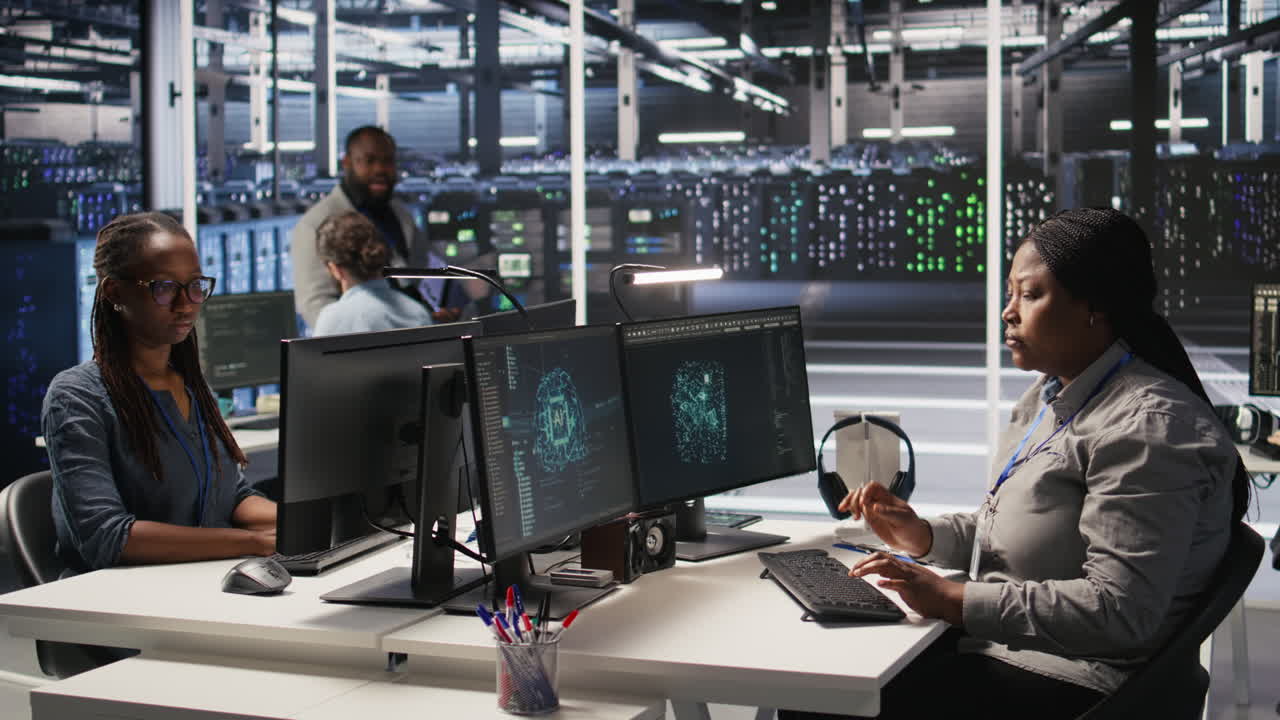 Vertical video Data center system administrator using PC to monitor neural networks