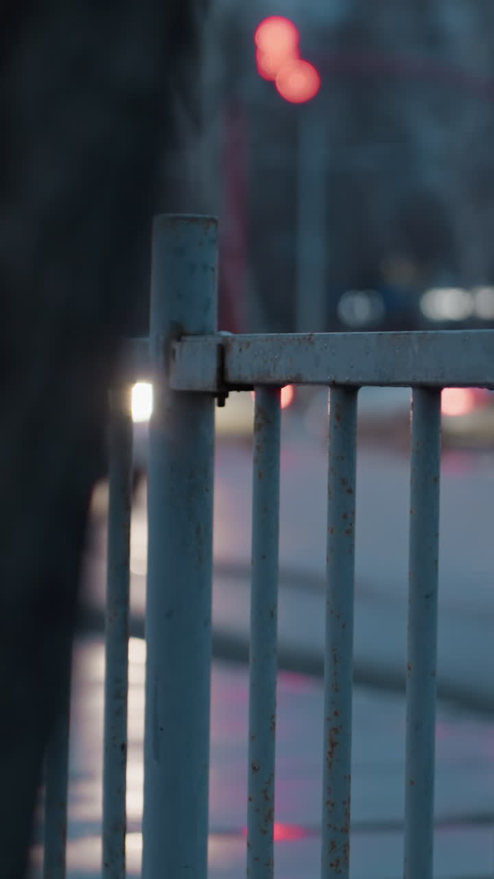 vista borrosa de un coche que pasa por la carretera por la noche, capturado con semáforos visibles y luces de la calle en el fondo
