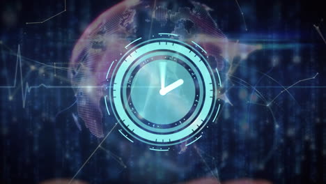 animación de reloj de neón y globo de redes de plexo girando contra rastros de luz azul