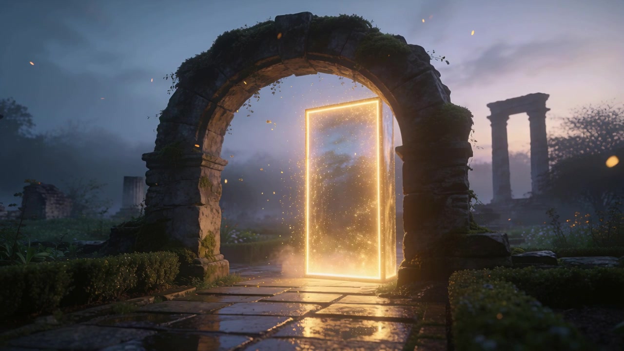 Materializzandosi da un contorno debole, un portale luminoso emette braci e illumina un sentiero bagnato tra le rovine.