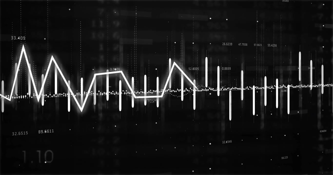 Monochrome chart getting pulse, bars fluctuating, line tracing peaks, labels highlighting values