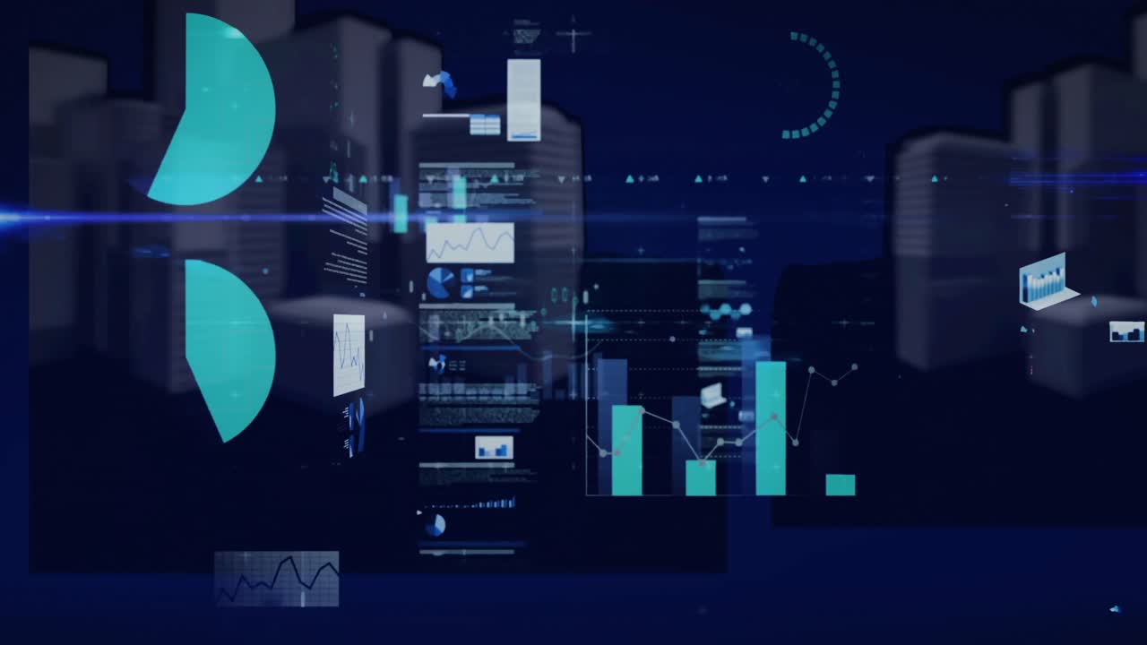 Animation of statistics and data processing over 3d cityscape