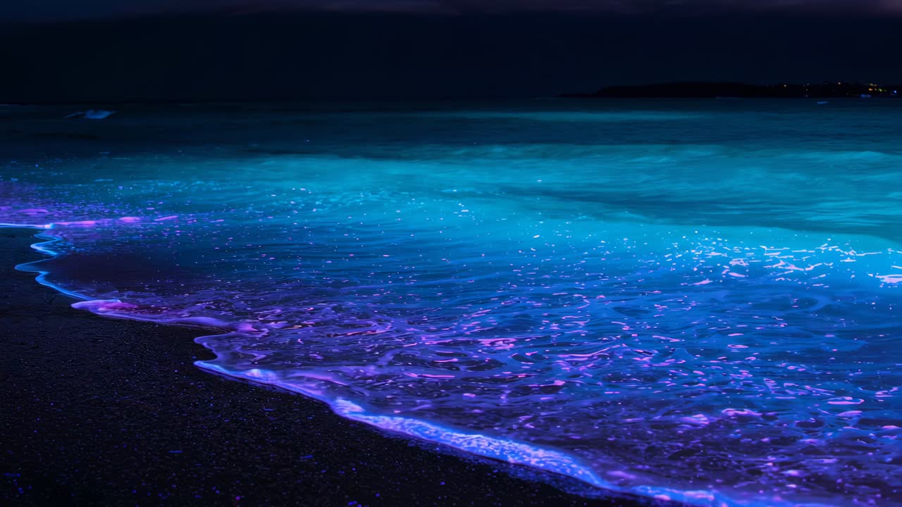 Rolling glowing surf pushing up pebbled beach under low swell at night, leaving luminous foam