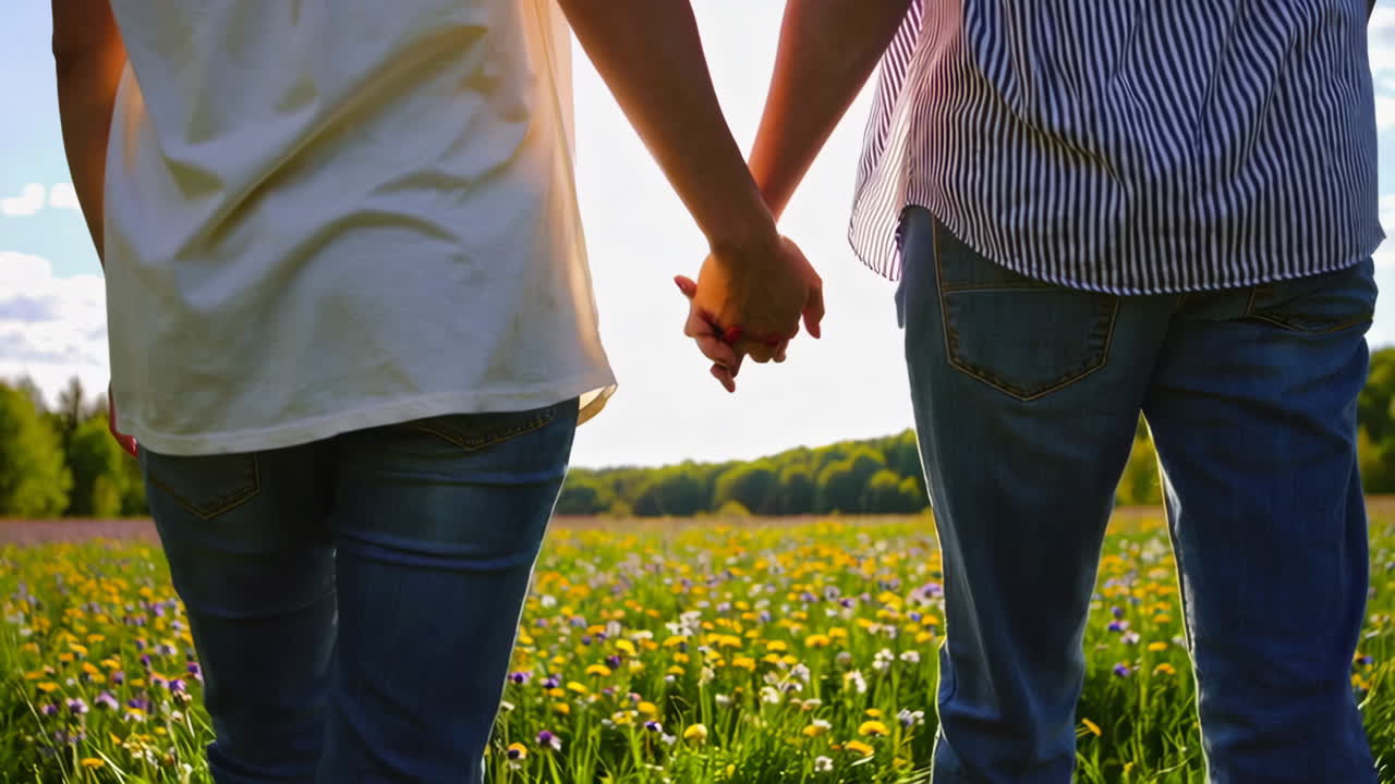 Couple holding hands in a sunlit flower field