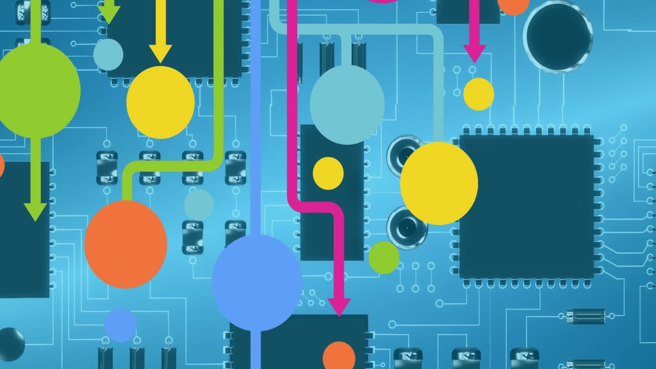 Animation of colorful connecting dots over circuit board in seamless pattern on blue background