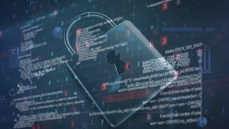 Animation of security padlock over data processing on dark background