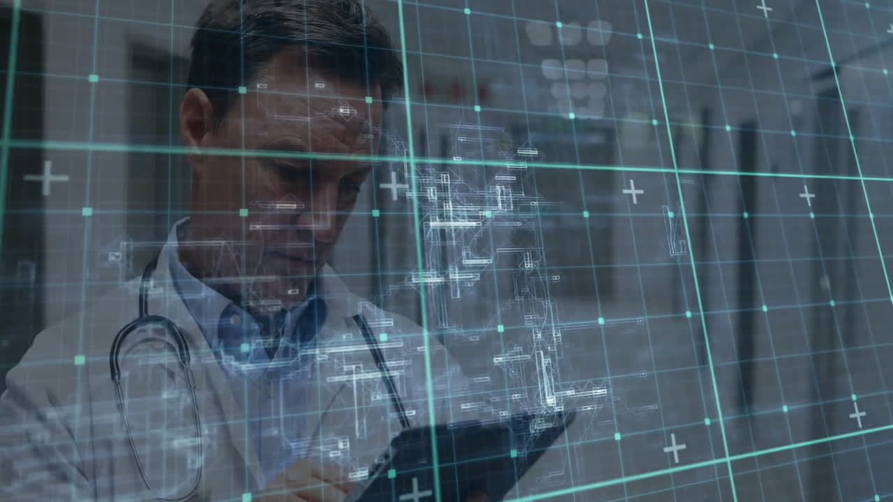 Male doctor using tablet in clinical office, showcasing floating grid overlay for health tech