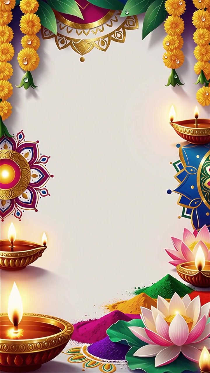 Sfondo Diwali con Diyas luminosi, Rangoli e fiori di loto