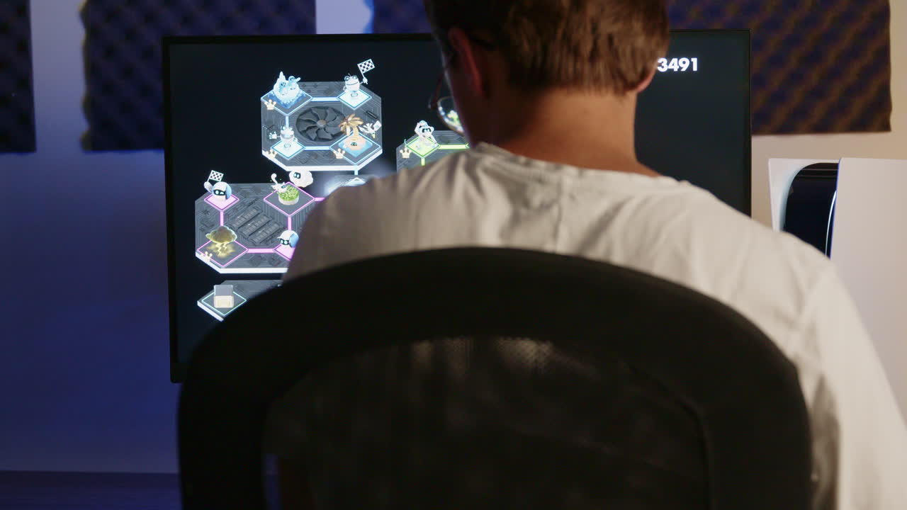 Boy Laying down his PS5 controller and headset then walking away after gaming on his PlayStation 5 in an RGB LED room at night, Close