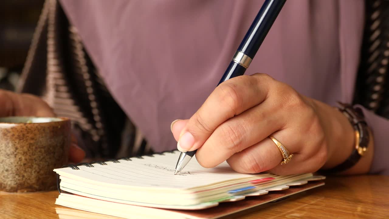 Woman in Hijab Writing in Notebook