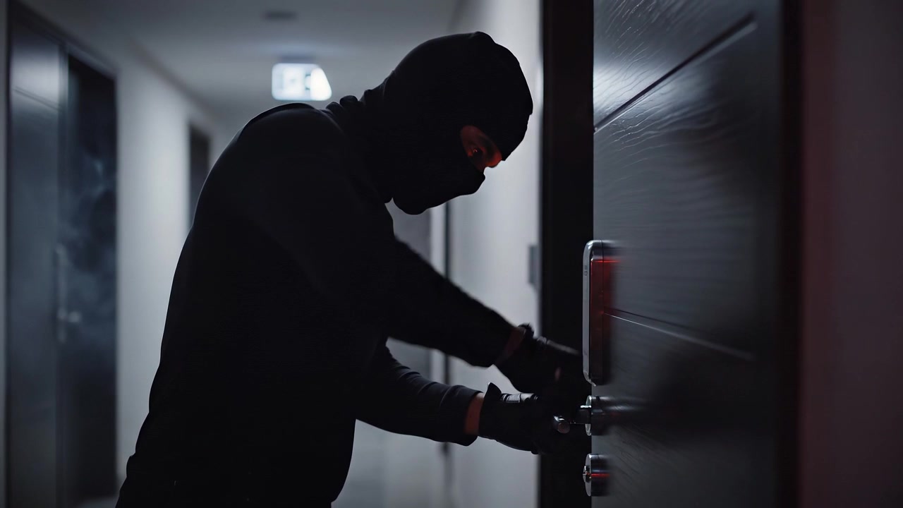 Einbrecher versucht, ein Türschloss in einem dunklen Flur zu knacken.