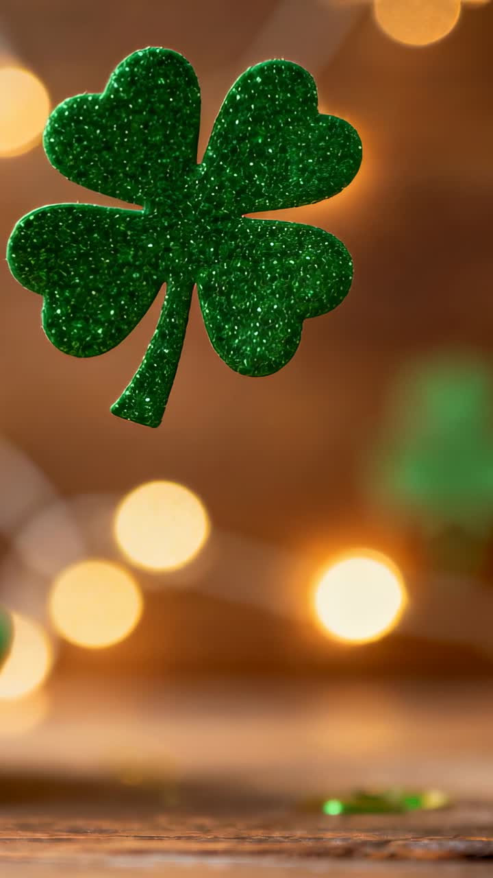 Vertical video: Gliding green glitter 4-leaf clover entering frame on table with confetti and bokeh