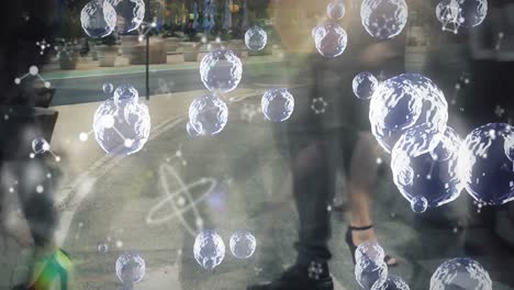 Animación-De-Burbujas-Y-Moléculas-Sobre-Gente-Caminando-En-La-Ciudad.