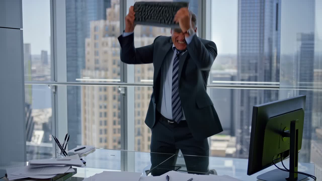 Executivo frustrado perdendo o controle, quebrando violentamente o laptop em uma mesa de vidro com o horizonte da cidade ao fundo, expressando estresse no trabalho e colapso emocional.