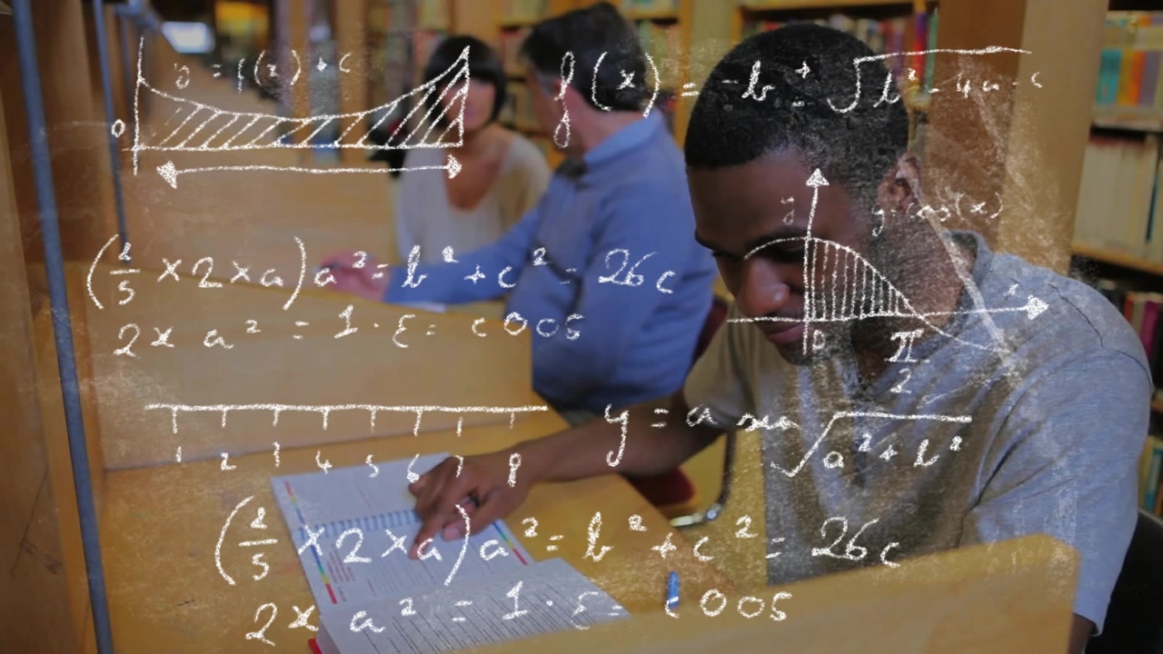 Male student marking text line, initiating math overlay floating above library carrels for analysis