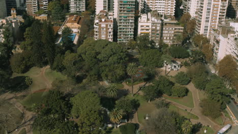 AERIAL---Barrancas-de-Belgrano-park,-Buenos-Aires,-Argentina,-wide-shot-forward