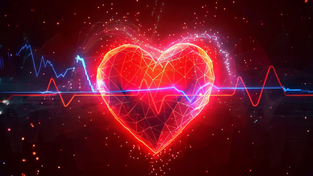 A heart is shown in a blue background with a red line that is shaped like an ECG. The heart is broken, and the red line is pulsing, giving the impression of a heartbeat