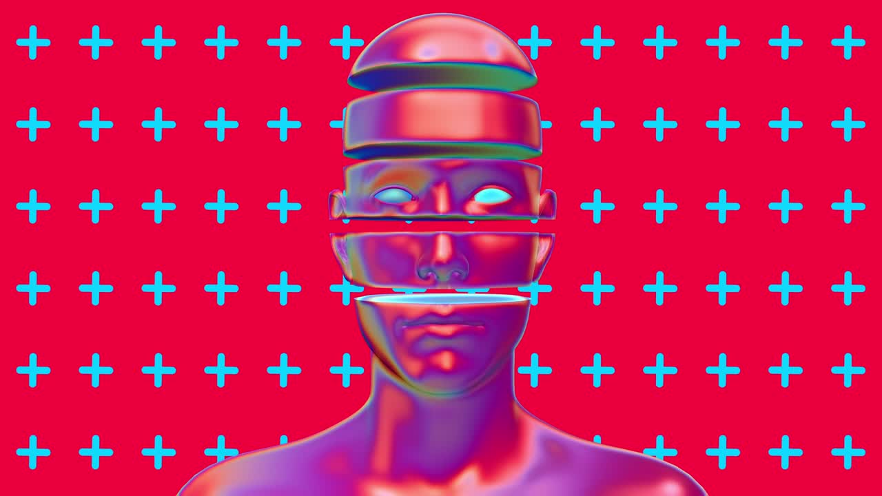 el diseño psicodélico colorido del cuerpo humano, el arte conceptual abstracto con formas geométricas, el personaje 3d realista, el hombre o la mujer en un estilo de movimiento moderno creativo, la animación de bucle de moda brillante.