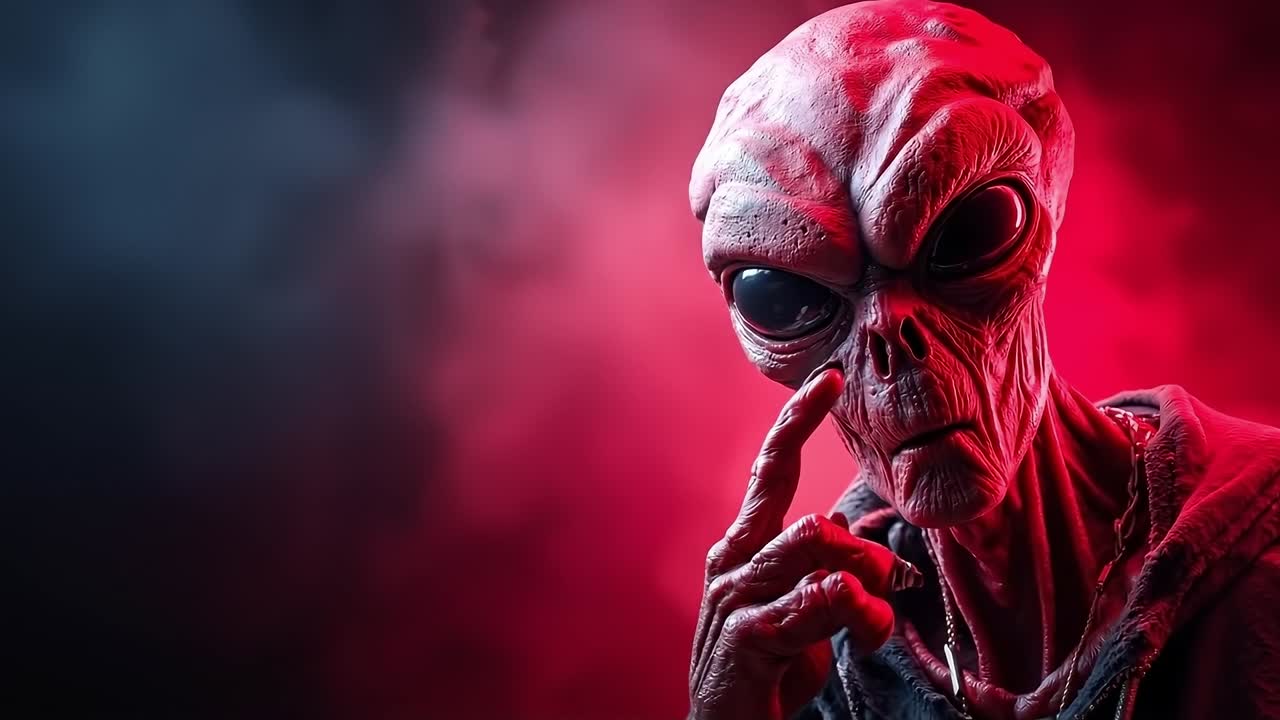 A red alien with a cigarette in his hand