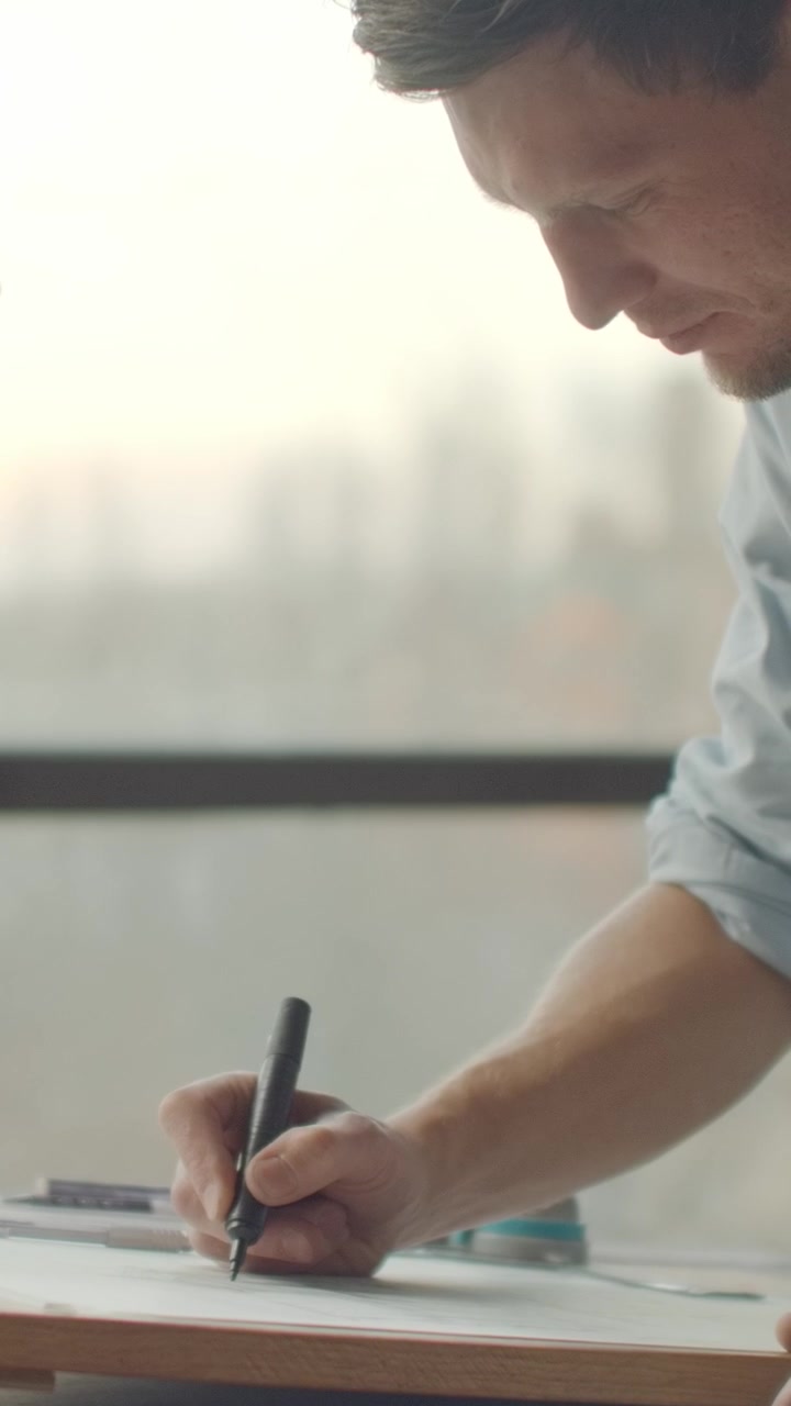 Architect Drawing Blueprints on Drafting Table in Modern Office