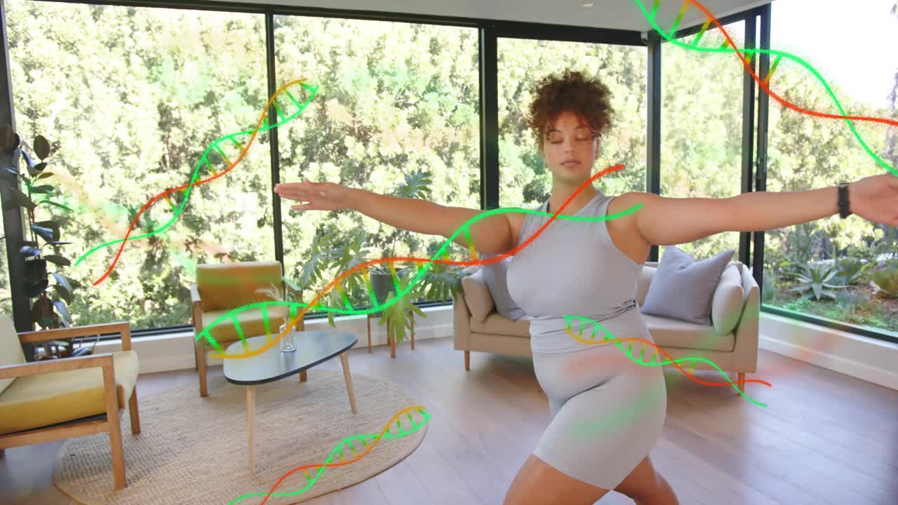 Woman following guided audio practicing yoga for fitness in bright room with floating DNA helix