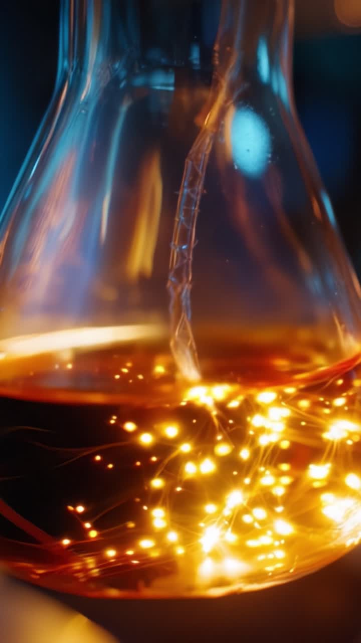 Illuminated Lab Experiment: A Glass Flask Containing Glowing Liquid with Twinkling Lights Demonstrating a Captivating Chemical Reaction and Visual Wonder