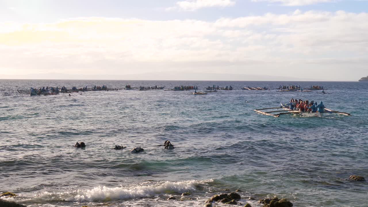 Traditional Outrigger Boats In Oslob Whale Shark Watching, Cebu Philippines. Static Shot