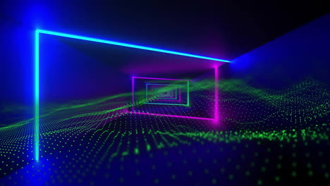 animation of colourful neon tunnel over green spots on black background