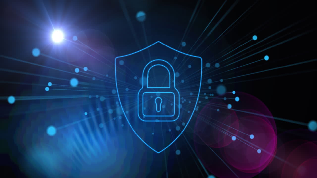 animación del candado de seguridad en línea con puntos azules sobre fondo azul