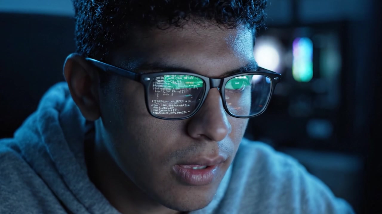 Fokuseret ung mand analyserer kode på computerskærm med briller, engageret i programmering og teknologi i et dæmpet belyst miljø