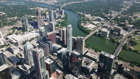 aerial view of austin, texas cityscape with river and skyscrapers