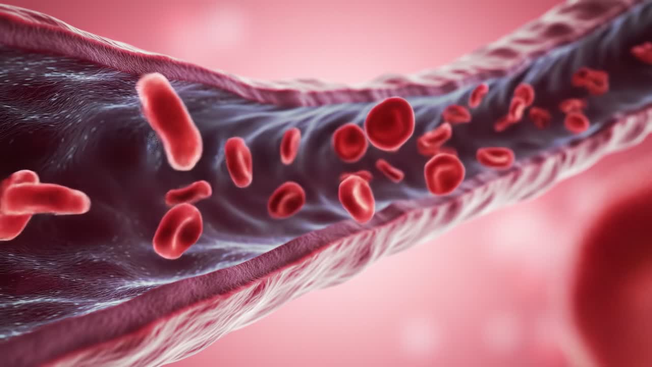 Dynamic Visualization of Blood Flow Through a Capillary, Showcasing Red Blood Cells Moving Within a Blood Vessel Against a Microscopic Background