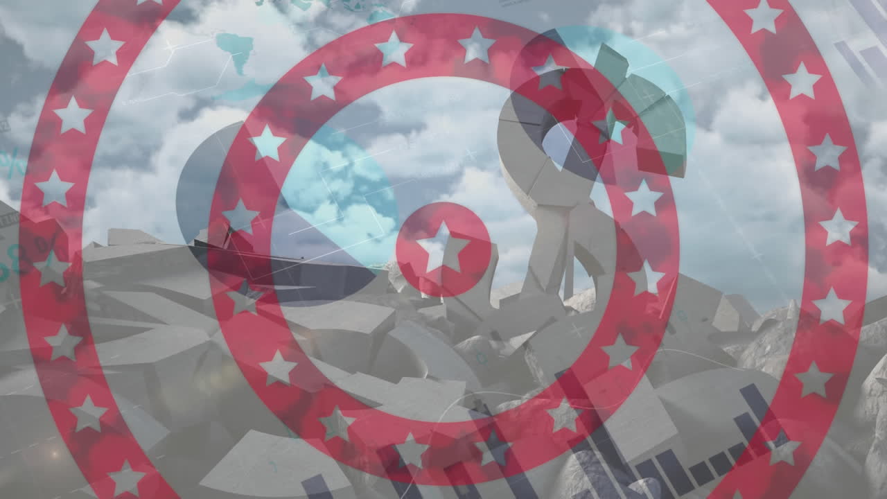 Stars on spinning red circles against financial data processing