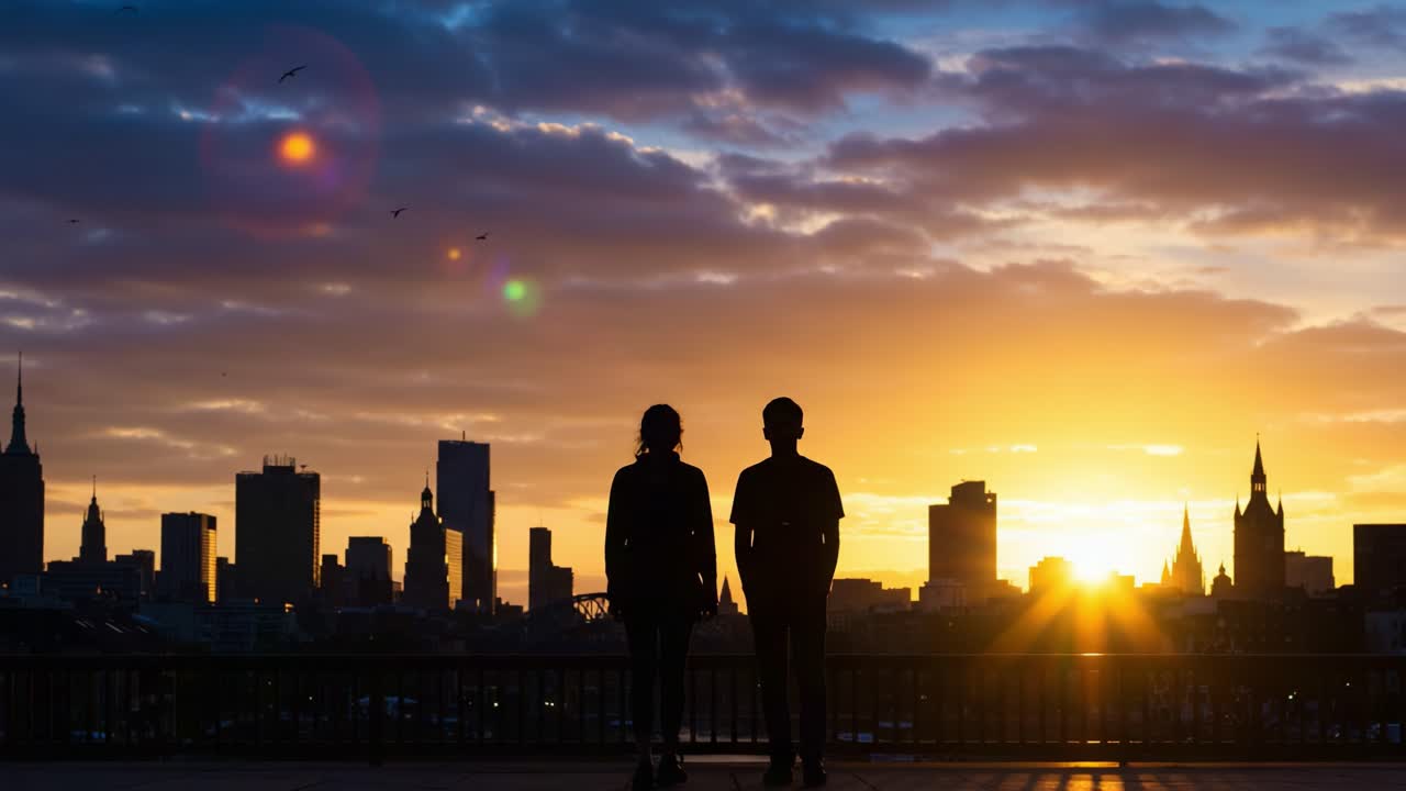 Siluetas de personas de pie juntas contra un impresionante horizonte al atardecer, capturando un momento de conexión entre los vibrantes colores del crepúsculo reflejados en el horizonte de una ciudad.