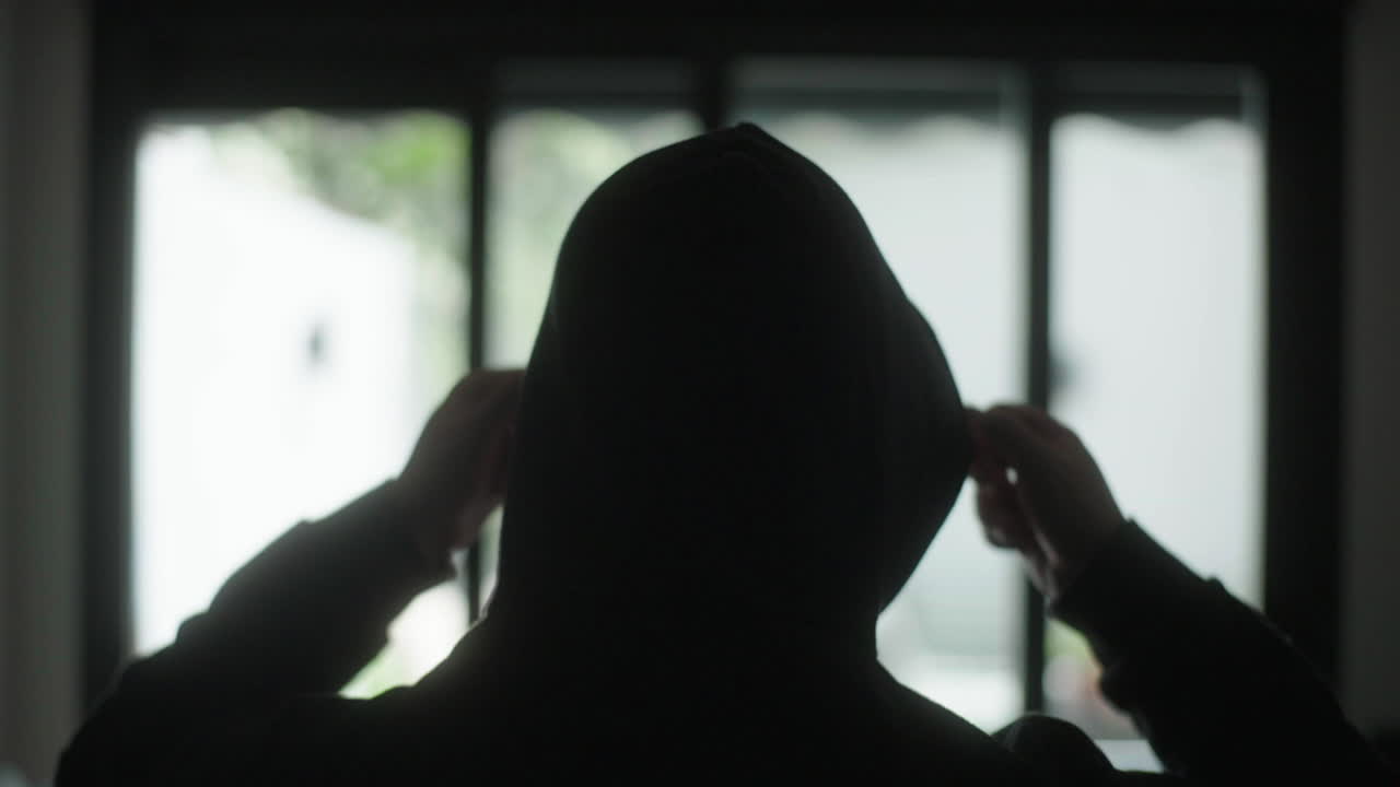 Person in a hoodie looking out a window