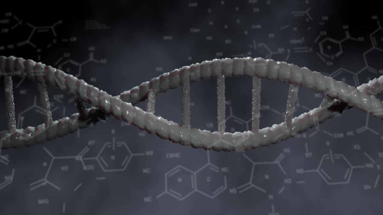 Animazione di filamento di DNA su formula chimica