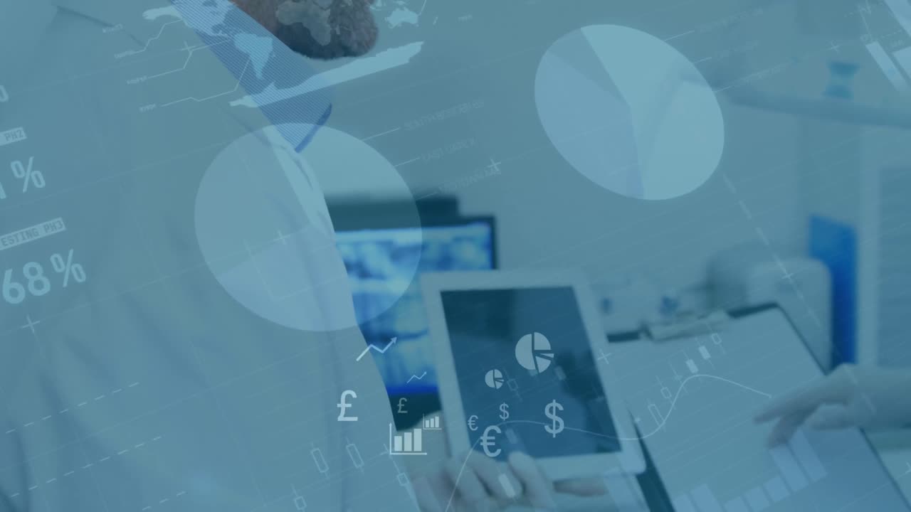Animation of data processing over caucasian male doctor discussing over reports at hospital
