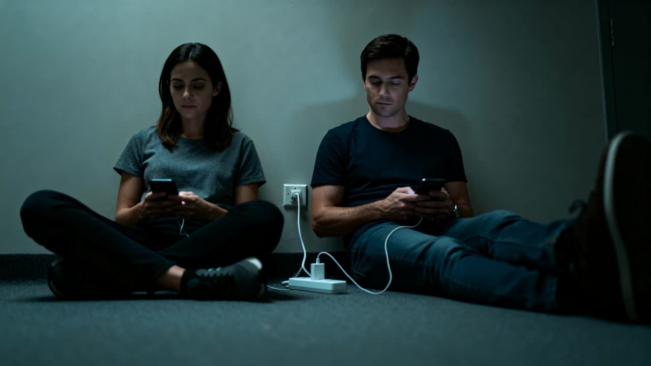 Coppia seduta a casa in magliette, che reagisce all'illuminazione degli schermi e ricarica i telefoni tramite una ciabatta elettrica.