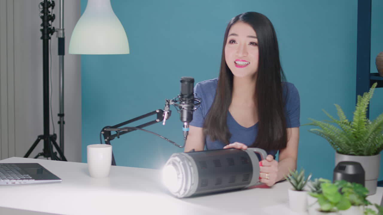 Content creator showing studio lighting on live broadcast video