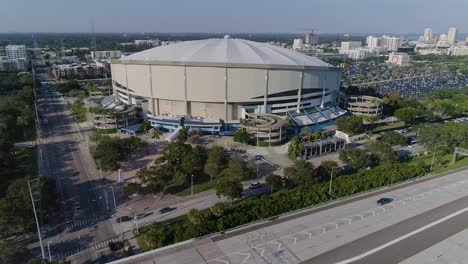 4k aerial drone video of tropicana field and full parking lots next to interstate 275 in downtown st