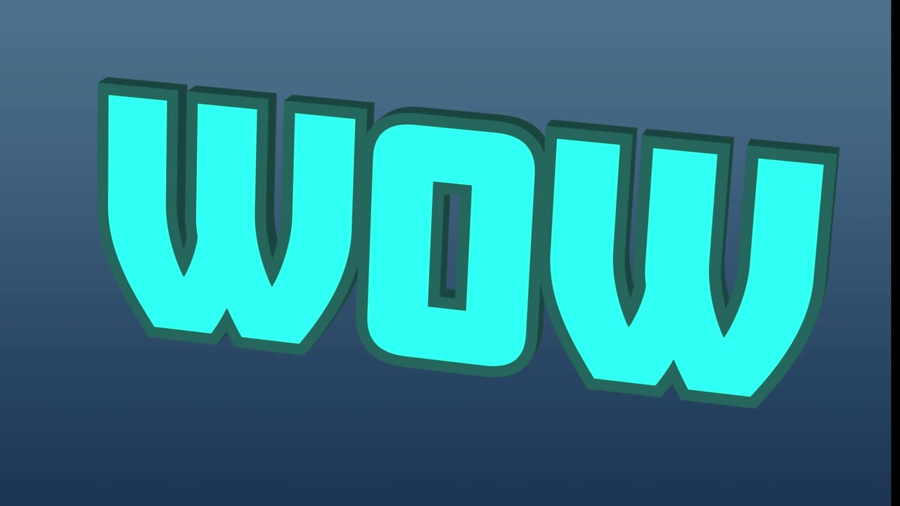 파란색 배경 위에서 나타나고 사라지는 애니메이션 3D WOW 텍스트