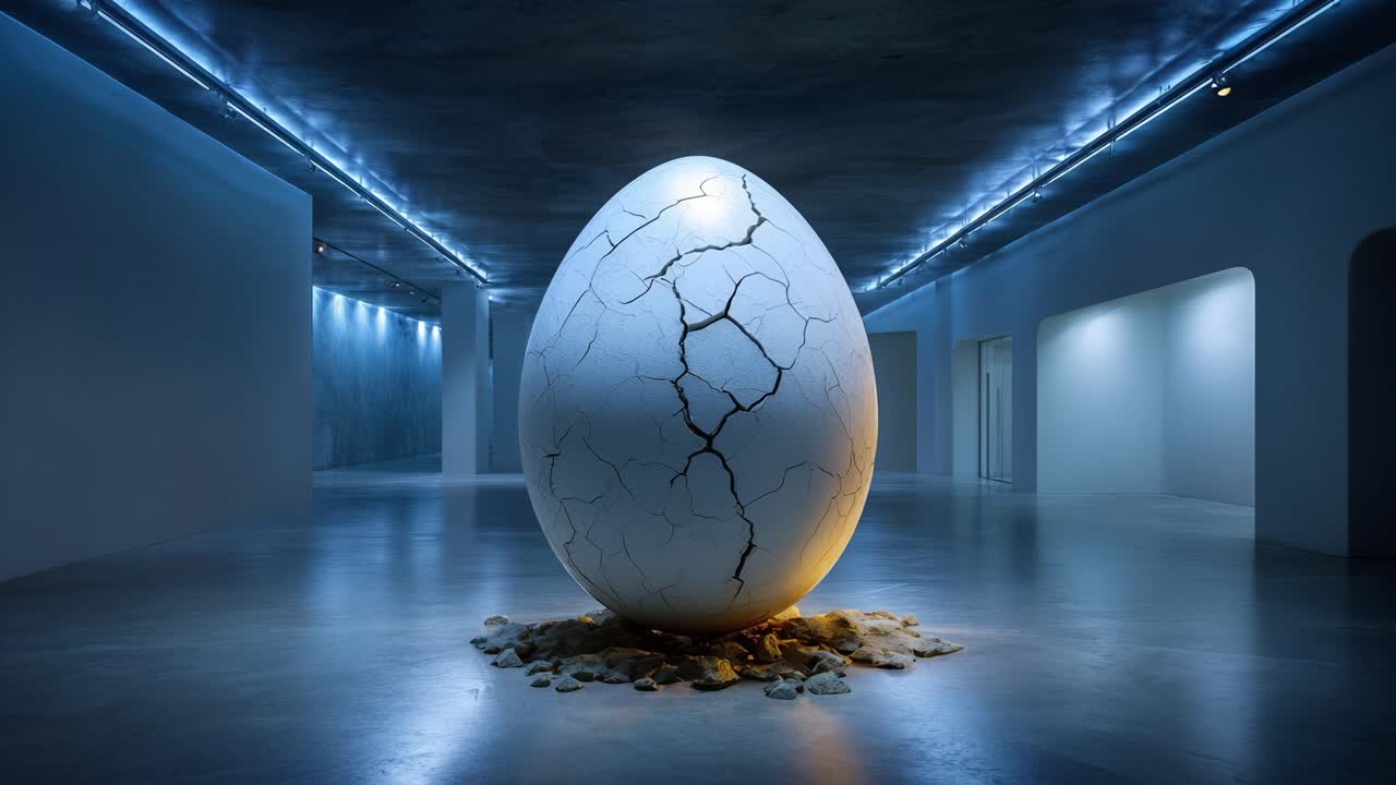 Transformation eines zerbrochenen Eis: Eine surreale Darstellung sich entfaltender Schönheit in einem minimalistischen Galerie-Setting mit leuchtendem Licht in einem zeitgenössischen künstlerischen Ambiente.