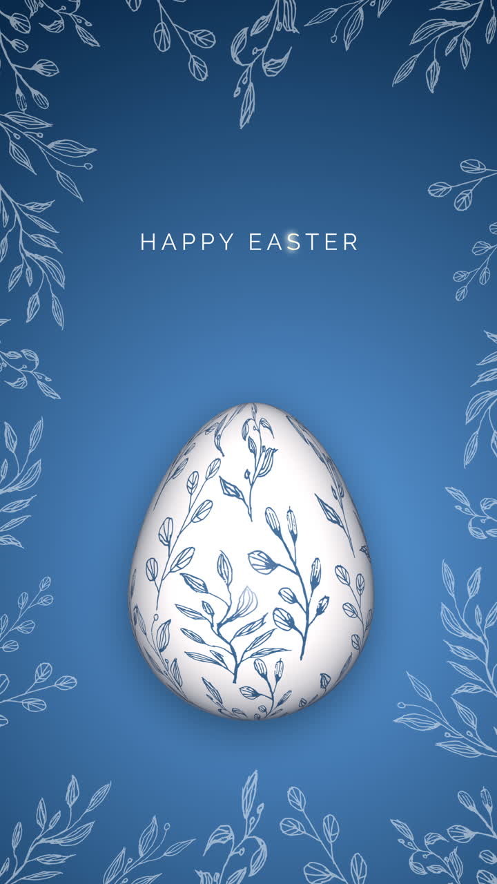 Blue background with patterns and 3D egg. Happy Easter. Painted Easter egg loop animation. Vertical video.
