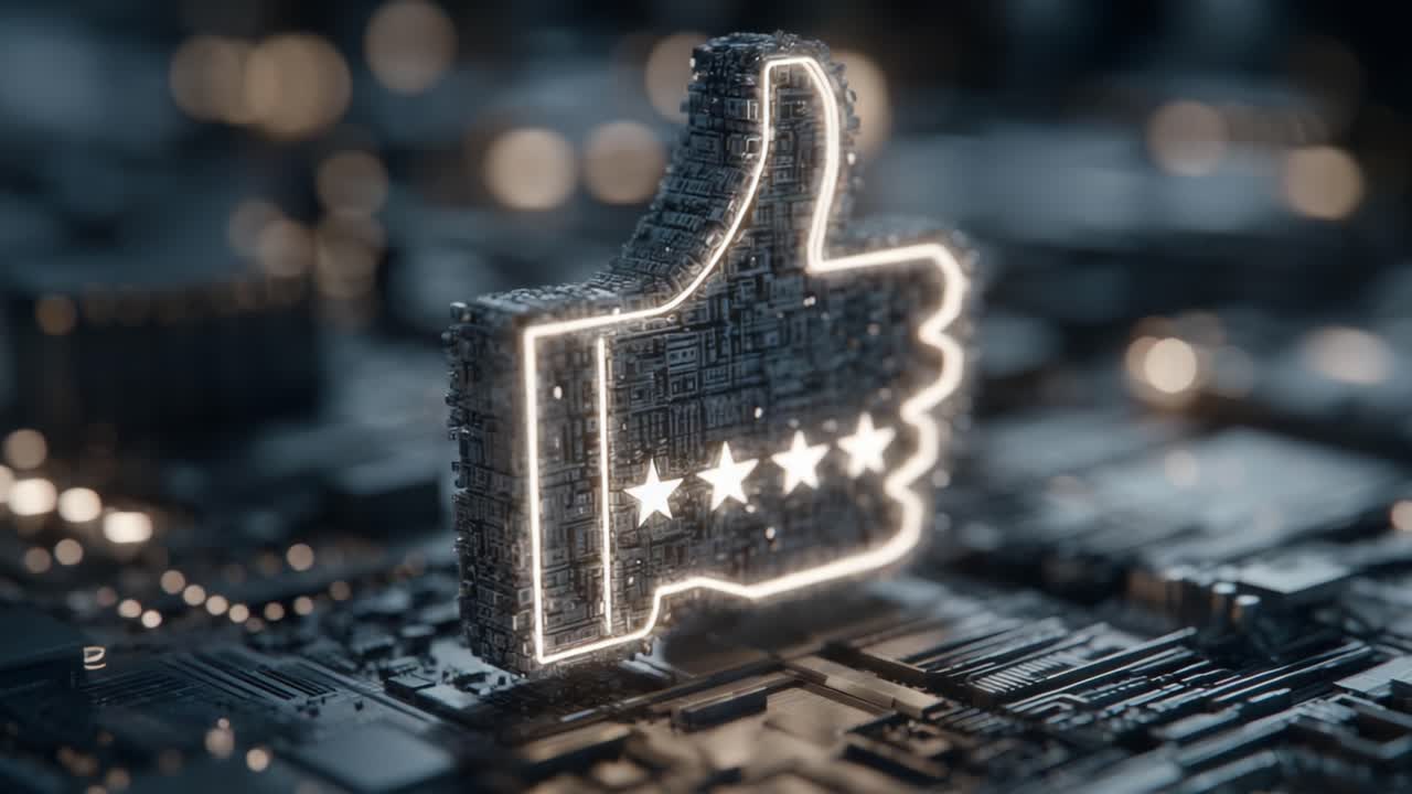 A High-Quality Digital Representation of a Thumbs-Up Symbol Illuminated with Stars, Set Against a Complex Circuit Board Background to Emphasize Technology and Approval