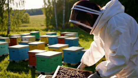 a beekeeper tending to colorful beehives, checking a frame full of bees
