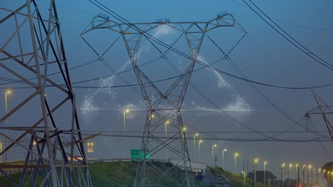 Animation of triangle over landscape with electricity pylons