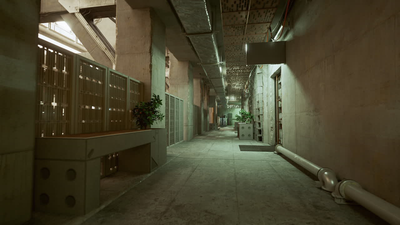 Eerie urban corridor with industrial elements and subtle greenery