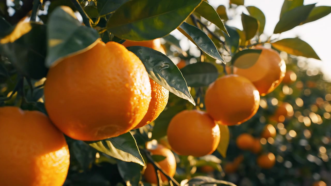 Arance mature appese a un albero in un frutteto soleggiato